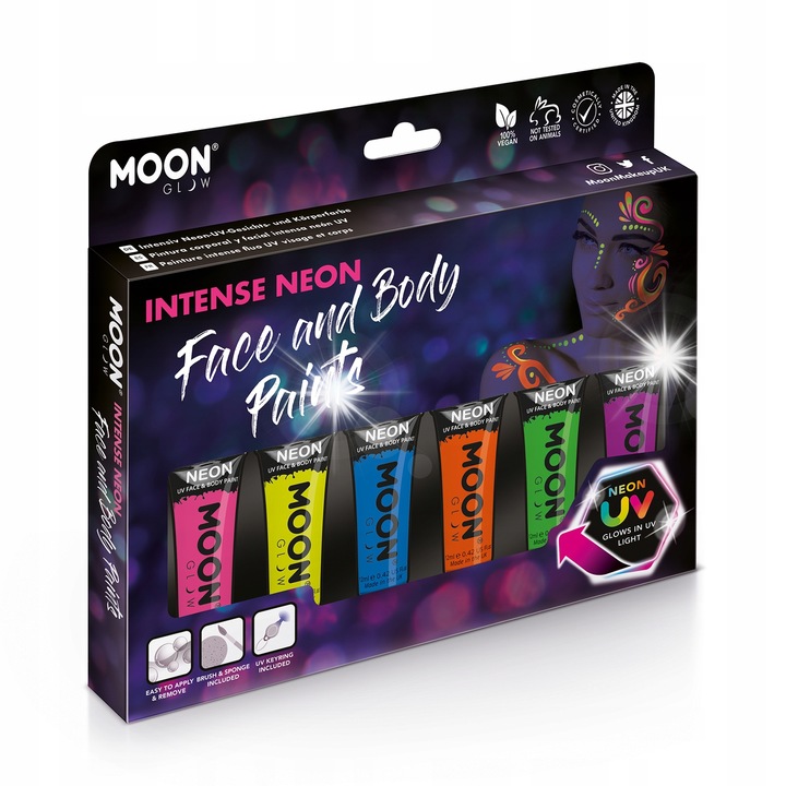 Set vopsea neon UV pentru fata si corp, Moon Glow, 6 nuante, culori stralucitoare, 75ml fiecare