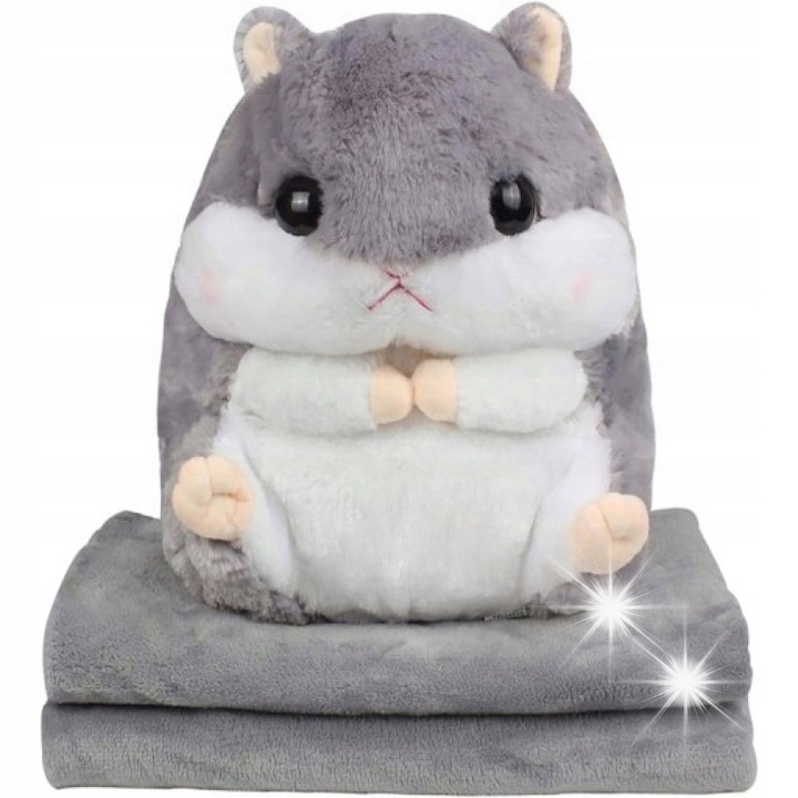 Плюшена играчка 3 в 1 Птица, Хамстер, с одеяло, сива, 160x100см, 55x25см
