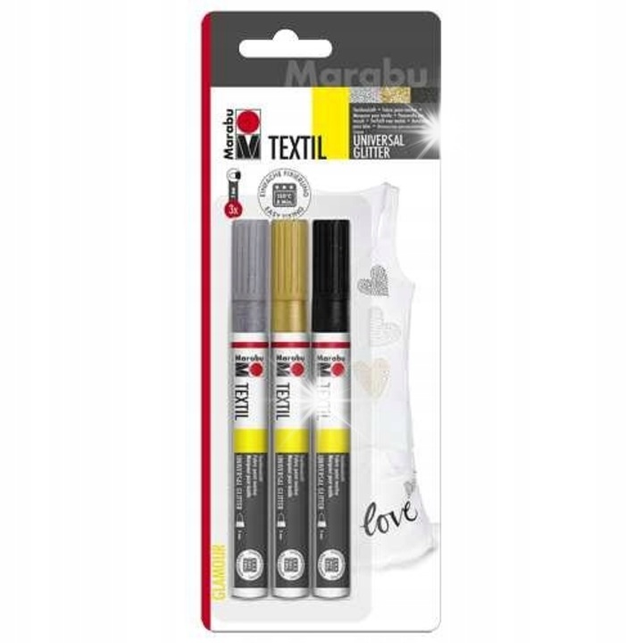 Set markere textile cu glitter Marabu, 3mm, negru, argintiu, auriu