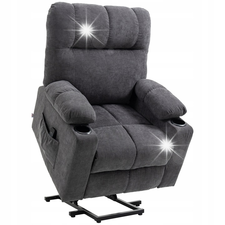 Fotel electric cu functie de ridicare, Homcom, masaj cu 8 puncte, caldura, gri inchis, 91x95x109cm