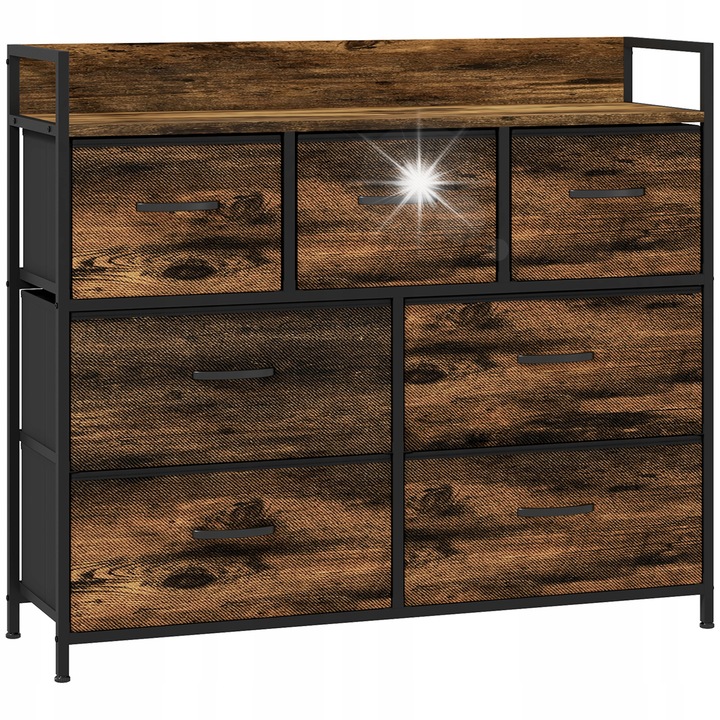 HOMCOM komód, 7 fiókos, ipari design, barna színű, méretei 98x29x85cm