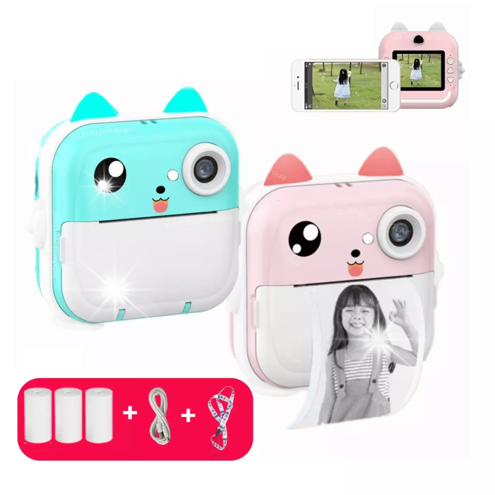 Poza Cu Inprimanta Roz Mini imprimanta termica portabila, roz/verde, 1200 mAh, set cu 3 role ...