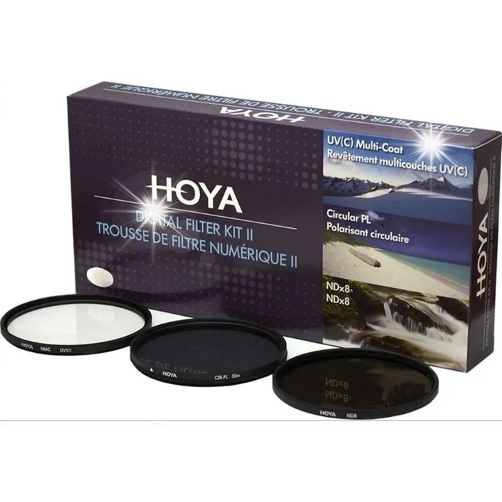 Комплект филтри Hoya 28mm, UV, поляризатор, ND x8, текстилен калъф