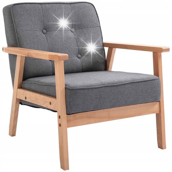 Fotel HOMCOM din lemn de fag si len, gri + natural, 64,5x70x74cm, capacitate 200kg