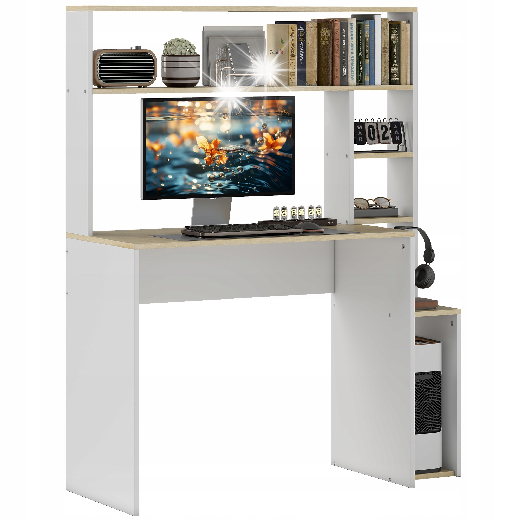 Birou computer, Homcom, cu rafturi, alb + stejar, 113x45x138,5cm - eMAG.ro