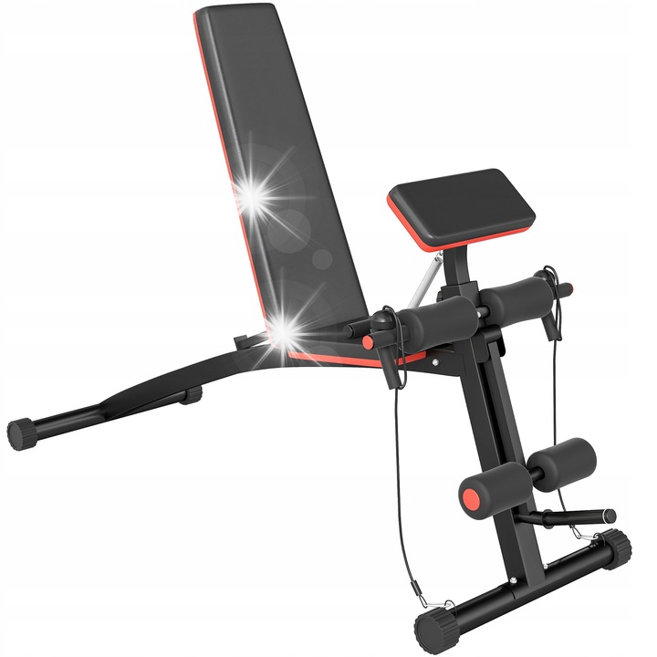 Banca de exercitii multifunctionala, Homcom, 120kg, neagra si rosie, 54x160x106cm, set cu benzi de rezistenta
