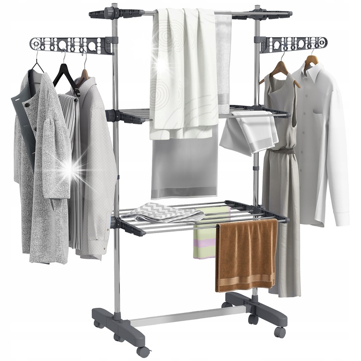 HOMCOM ruhaszárító, összecsukható, mobil, 6 kerék, szürke, 142x55x152cm