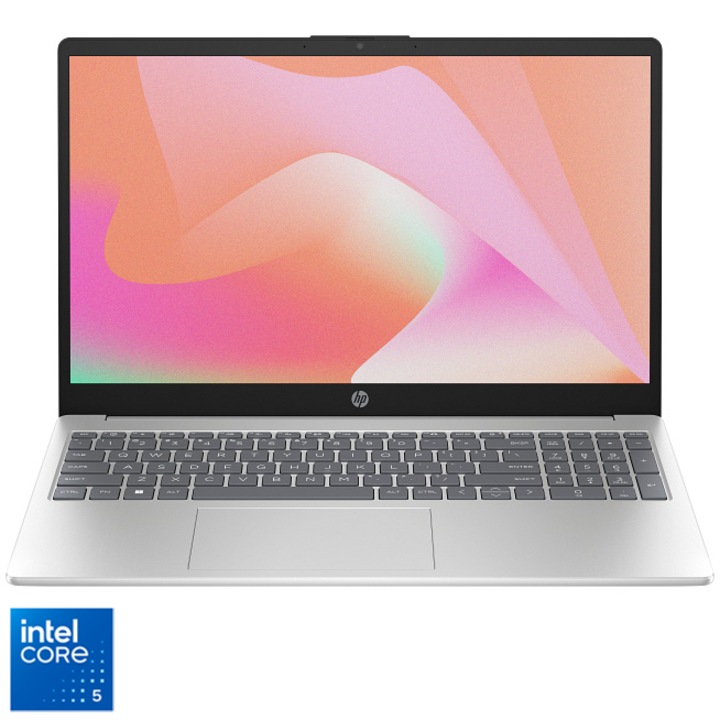 Laptop HP 15-fd1024nq cu procesor Intel® Core™ 5 120U pana la 5.0GHz, 15.6" Full HD, 8GB RAM, 256GB SSD, Intel® Graphics, Free DOS, Natural Silver