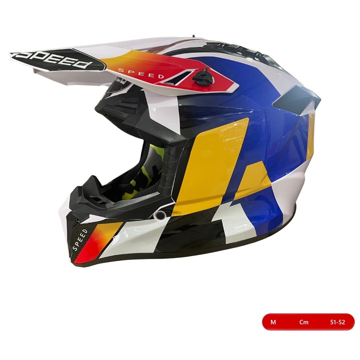 Casca Motocross - Enduro pentru motocicleta, ATV, bicicleta – marimea M (51-52 cm), alba cu design galben-albastru