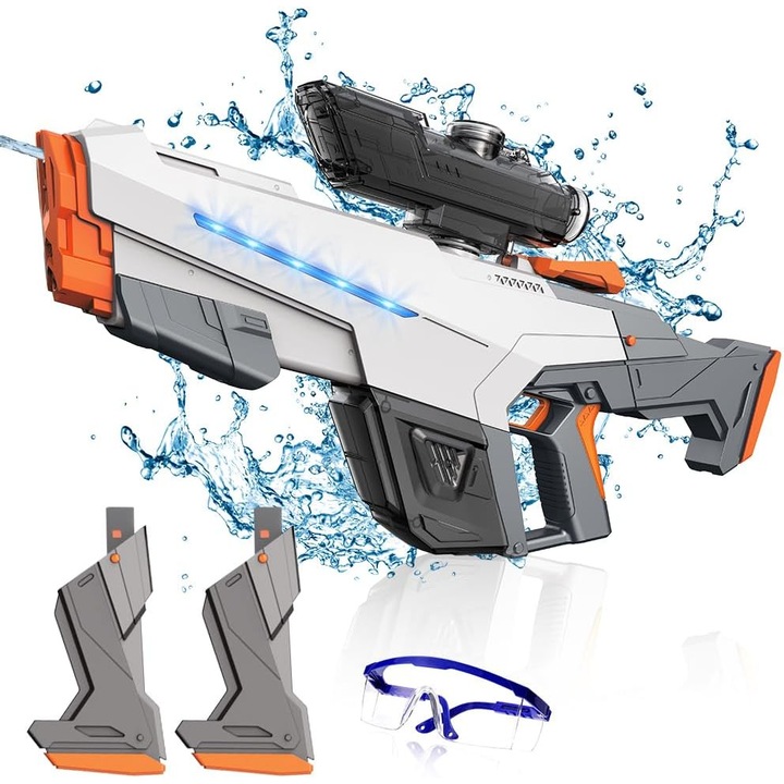 Pistol Apa Electric Automat Giftry®, lumini LED, 2 Baterii Incluse, Rezervor 610ml+320ml, Mod Auto & Manual, Raza Mare de Actiune, Ochelari Inclusi, Jucarie Vara, 8 ani +