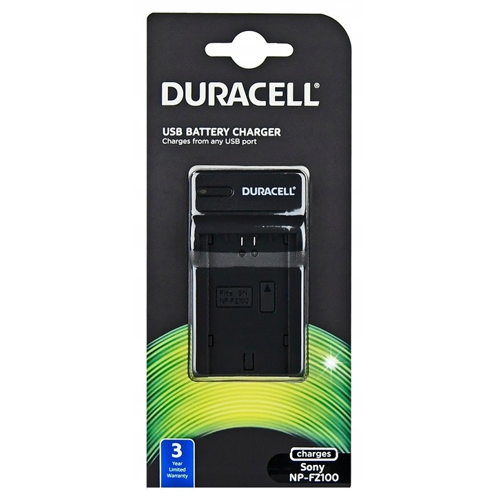 Incarcator USB Duracell pentru acumulatori Sony NP-FZ100, 84x47x23mm, set cu cablu USB