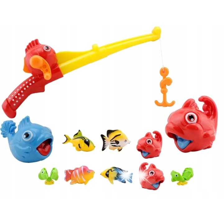 Set jucarii de baie, Nicola Toys, undita 38cm, 10 animale acvatice, multicolor