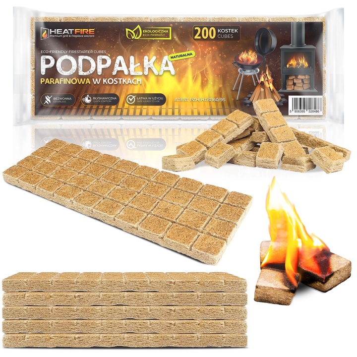 Set De Aprindere Ecologica In Cuburi, Heatfire, Material Parafina, Fara Miros, Timp De Ardere Pana La 12 Minute, Rezistent La Umiditate, 10 x 10 x 1.2 cm, 200 De Cuburi