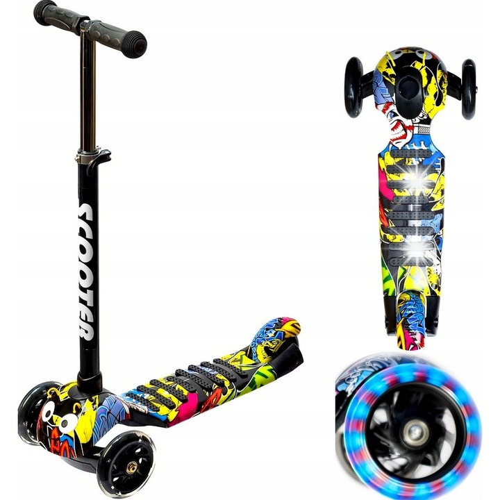 QULKI gyermek roller, 3 kerék, LED kerekekkel, összecsukható szerkezet, 50kg, 57x29x13cm