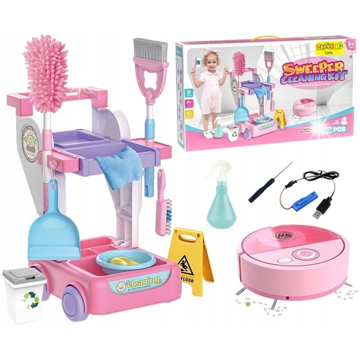 Tisztítókészlet kocsival és robotporszívóval, Nicola Toys, 23 kiegészítő, többszínű