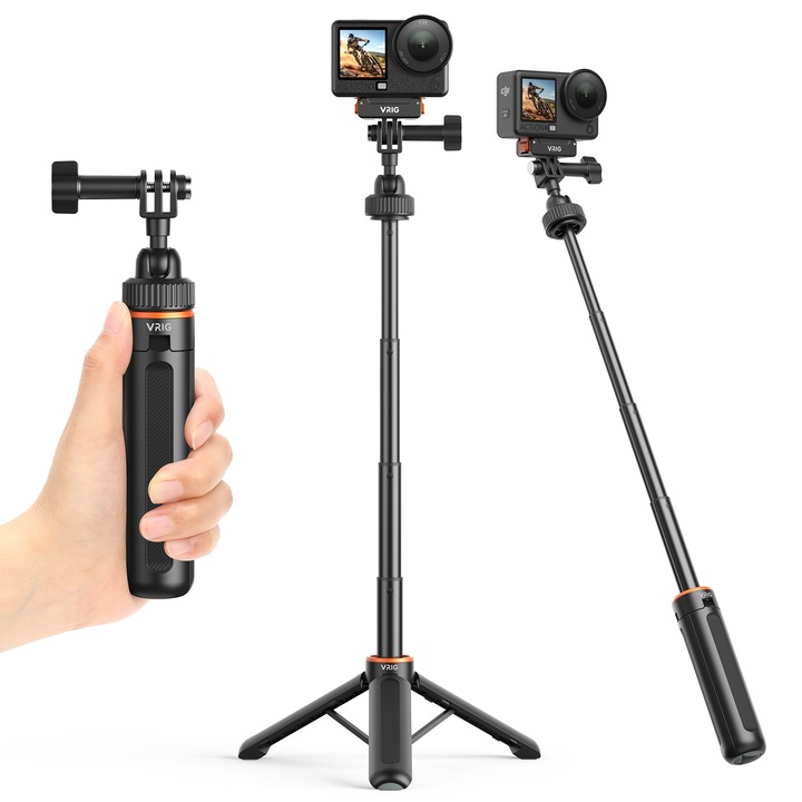 VRIG 2 az 1-ben kihúzható szelfibot állvány GoPro/DJI/Insta360 akciókamerákhoz, 360°-ban állítható gömbfej, 18-41 cm teleszkópos rúd, vlogoláshoz, utazáshoz, kültéri filmezéshez, akciókamera kiegészítők