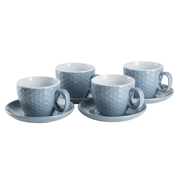 Set 4 cani cu farfurii, HowHomely, ceramica, albastru, design texturat