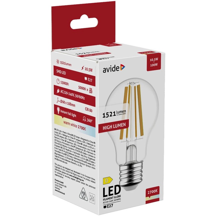 Bec LED Filament Avide 10,5W E27 1521lm 2700K 360° - eMAG.ro