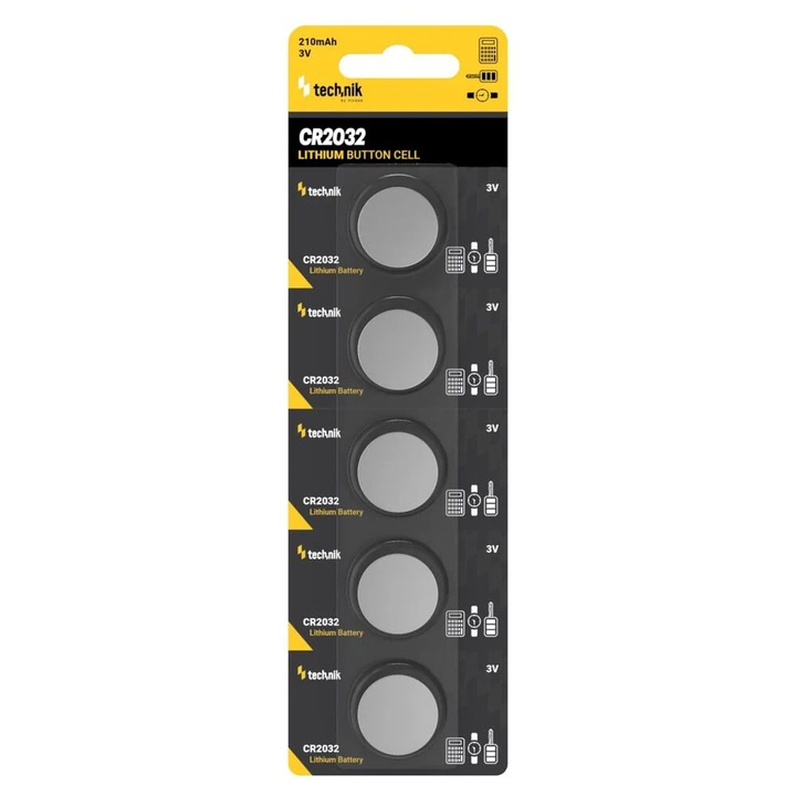 Baterii litiu Technik CR2032 (3V) set 5 bucati, 210 mAh, 20x3,2 mm