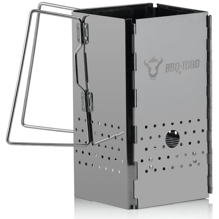 BBQ-Toro “Soba pliabila din otel inoxidabil cu manere, 16 x 16 x 29 cm, Soba pliabila pentru gratar cu geanta de transport pentru gratar, camping, exterior, gradina, terasa, festival, Aprindere gratar