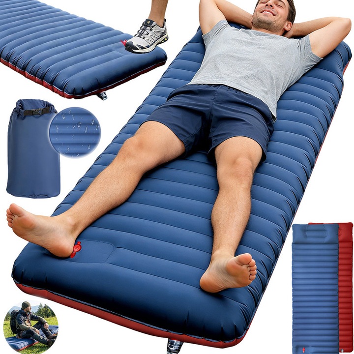 Önfelfújódó matrac kempingezéshez vagy strandra, Anikers®, Extra vastag 12 cm, Kempingmatrac párnával, Beépített lábpumpa, Vízálló, Kempingezéshez, túrázáshoz, utazáshoz, trekkinghez 190*60 cm, Kék és piros