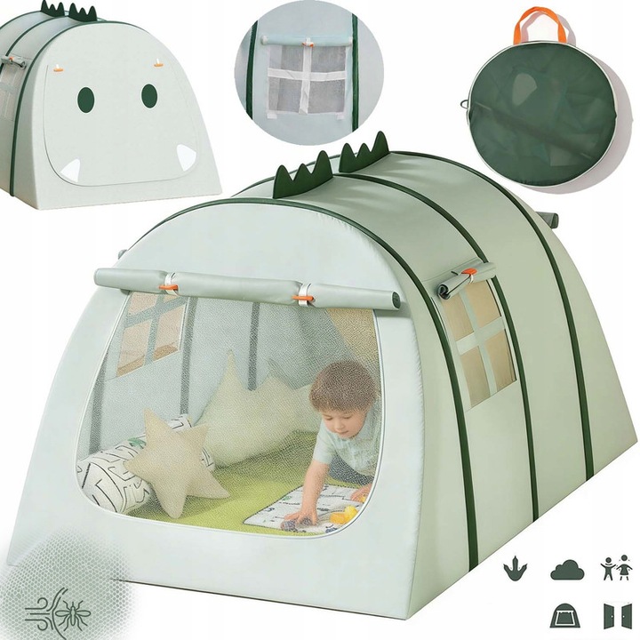 Anikers® játszósátor gyerekeknek, légáteresztő kültéri sátor, fiúknak és lányoknak, design, szuper aranyos rajzfilm dinoszauruszokkal, dupla ajtó, könnyű összeszerelés, légáteresztő kültéri sátor, alkalmas kempingezéshez és beltéri piknikezéshez, zöld