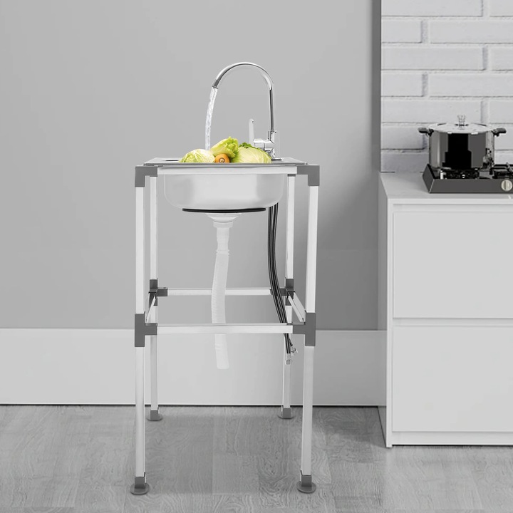 Chiuveta independenta, Cu o cuva, Cu baterie, 1 orificiu, Asamblare, Otel inoxidabil, 60 kg capacitate de incarcare, Argintiu