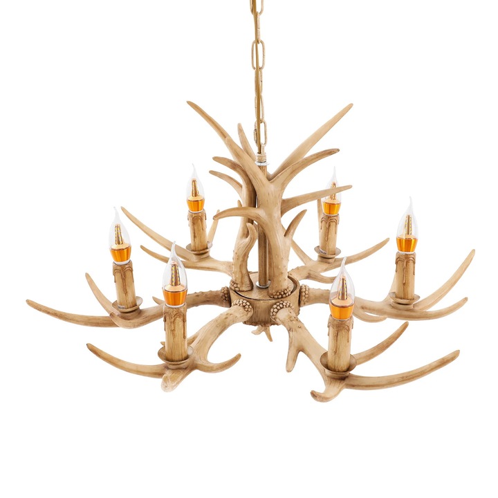 Candelabru, Lustra suspendata, Design coarne, 6 brate, Soclu E14, Becuri incluse, Rasina, Verde