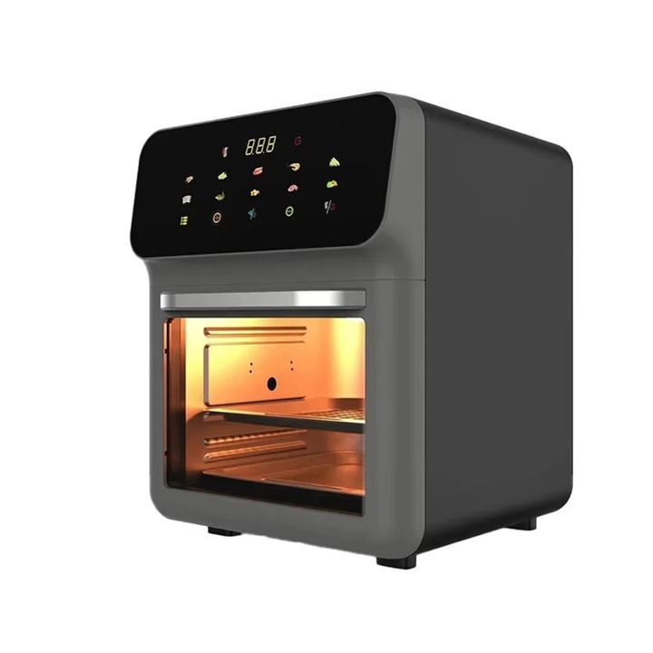 Фритюрник с горещ въздух Air Fryer, мултифункционална електрическа фурна, 15 L капацитет, 801–1200 W, прозорец за наблюдение, тъчскрийн, незалепващо покритие, щепсел за ЕС 110 V, черен