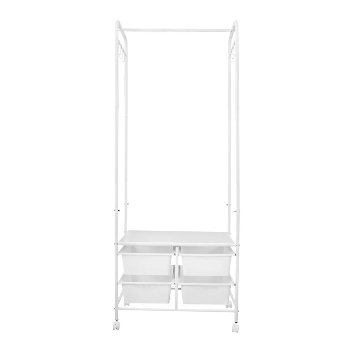 Stativ pentru haine pe roti, Cuier de garderoba, 4 cutii de depozitare, 4 roti (2 cu frana), 63x37x160 cm, Cadru metalic autoportant, Alb