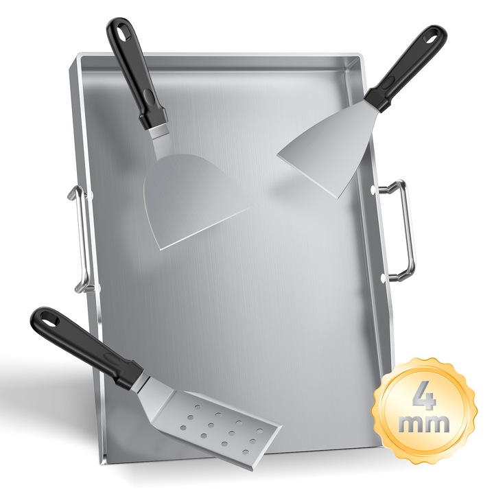 Plancha, Placa pentru gratar, Otel inoxidabil 4 mm, Dimensiune 30 x 40 cm, Set spatule, Set cu 20 hartii pentru burgeri, Gri inchis