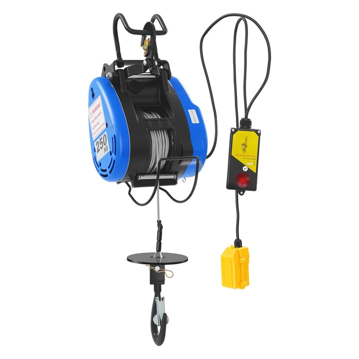 Palan electric, Troliu cu cablu, 250 kg Capacitate de ridicare, 19 m/min, Cablu otel 30 m, 1500 W 220 V Stecher UE, Telecomanda wireless, Albastru