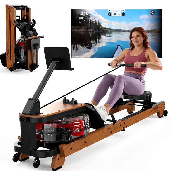 Aparat de vaslit cu apa din lemn, Aparat de canotaj, Pentru acasa, Pliabil, Bluetooth si ecran, Suport tableta, Rezistenta reglabila, Scaun confort, Pana la 180 kg