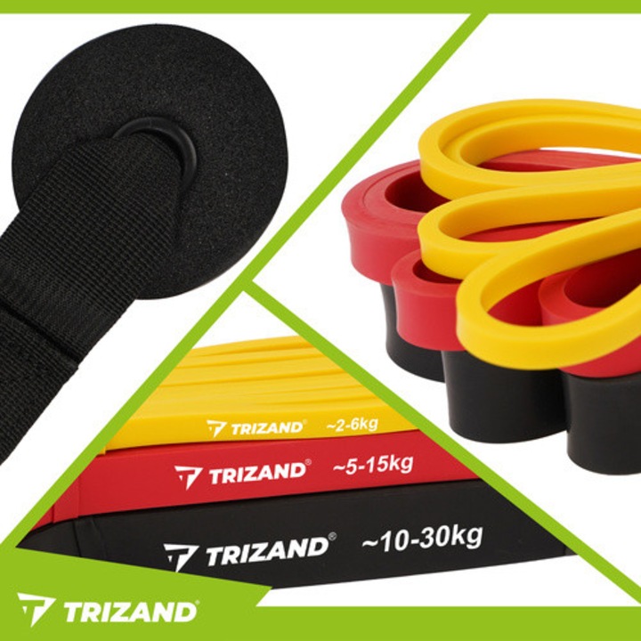 BenzI elasztikus fitnesz szett 3 db + ajtóhorgony, TRIZAND, ellenállás 2–30 kg, powerband latex, teljes edzés, hordtáska, edzésterv mellékelve