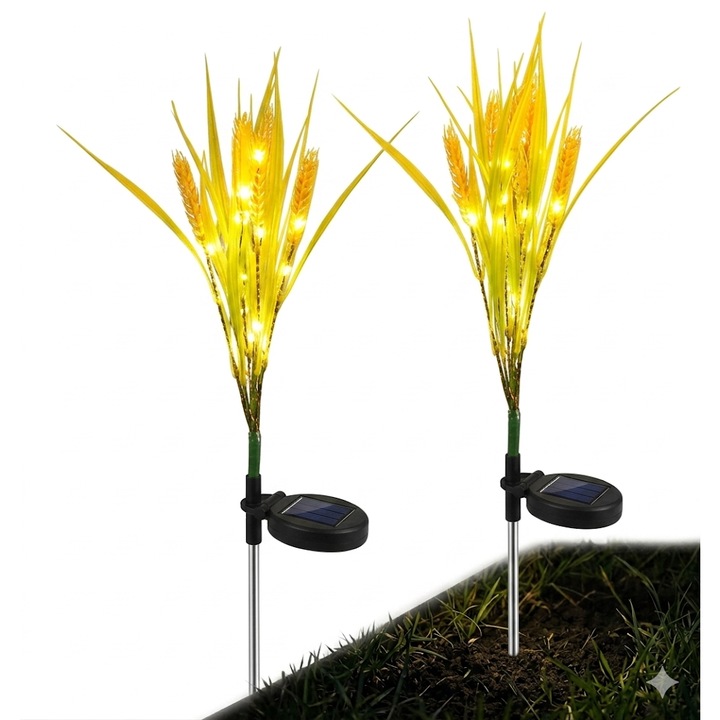 LED napelemes kerti lámpa, 2 darabos szett, udvari sétány dekoráció, búzakalász design, 76cm magas, meleg fény, vezeték nélküli, BZRSH