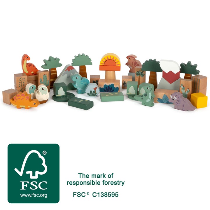 Cuburi de Constructie "Dino" FSC 100% – Set 50 Piese din Lemn Certificat, 6 Figurine Dinozauri T-Rex, Stegozaur, Triceratops