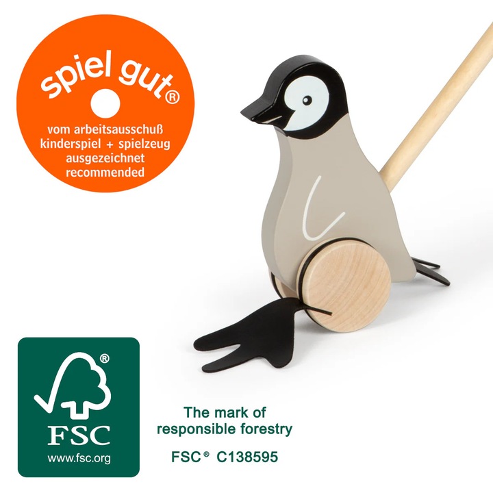 Pinguin de Impins FSC 100% – Jucarie din Lemn Certificat pentru Invatarea Mersului, cu Picioare Leganate si Sunete, Roti de Cauciuc