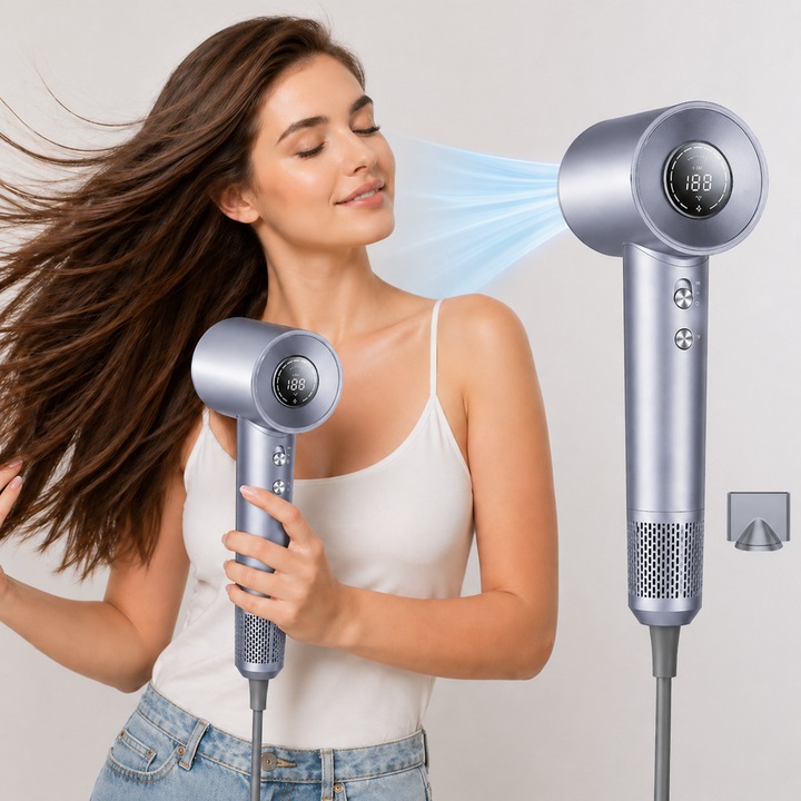 Професионален сешоар Allz, с дигитален мотор 110000 RPM, 200 милиона йони, температурен сензор, дигитален дисплей, 4 степени на топлина, 2 скорости, магнитна дюза, светлосив
