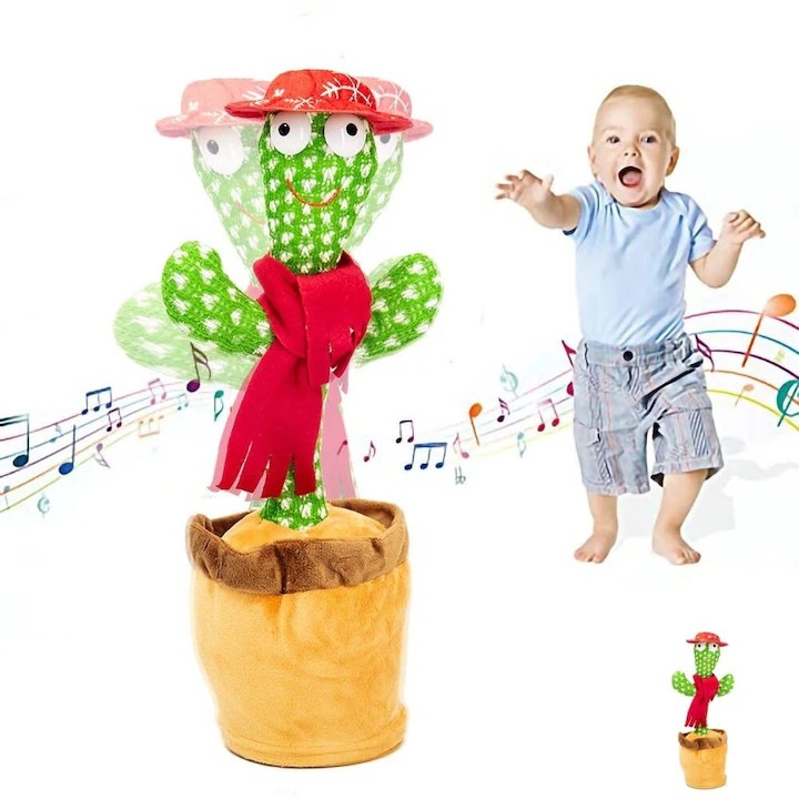 Jucarie interactiva Cactus Vorbitor si Dansator, 32 cm, cu costumas de petrecere, cu baterii incluse, danseaza si repeta ceea ce spune copilul, Verde