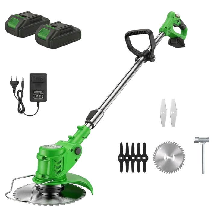 Motocoasa electrica fara fir Gardeon 1900W, 2 acumulatori 24V, 18000 RPM, unealta gradina multifunctionala cu brat reglabil, disc 15 cm, set lame metal + plastic, incarcator inclus, portabila pentru gazon, buruieni si arbusti