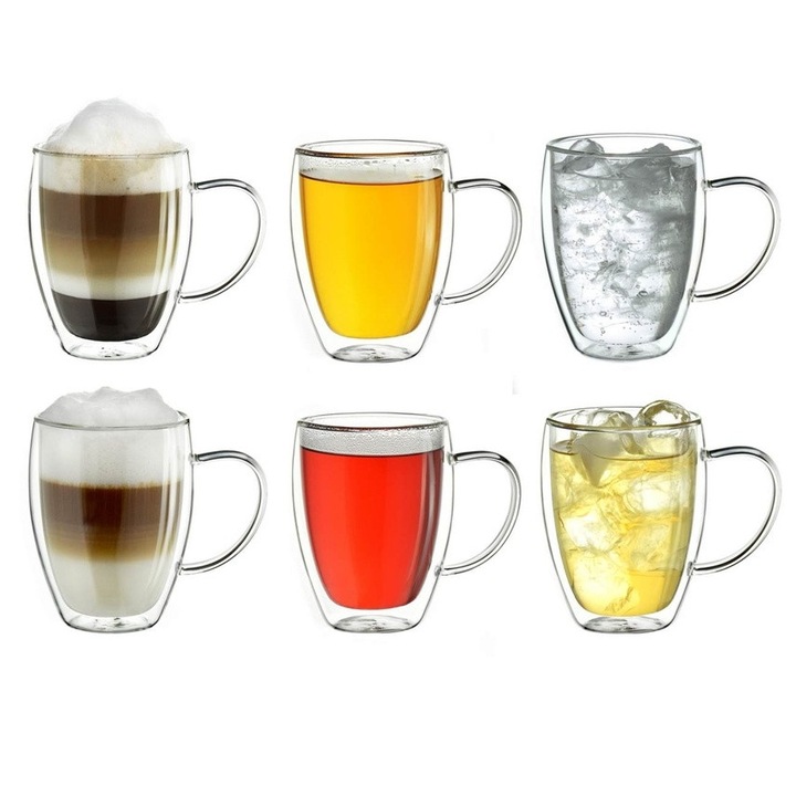 Set 6 cani termice Creano cu maner, 250 ml, sticla borosilicata, perete dublu