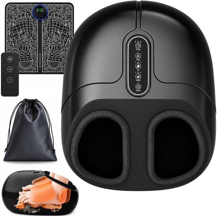 Aparat masaj picioare OMNIBUY™ 2 in 1 pentru relaxare picioare si tratament, electric + EMS portabil, compresie aer, incalzire, 3 moduri, telecomanda, saculet transport