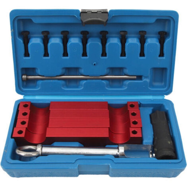 Set unelte pentru sincronizarea arborelui cu came, compatibil cu Mercedes-Benz M157/M276/M278, 4 unelte, 1 extractor injectoare, 1 manson T100, 1 tija rotativa, 8 suruburi, cutie de transport.