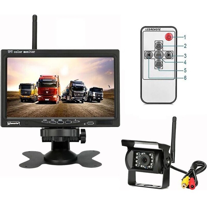 Kit camera de rezerva wireless cu monitor TFT LCD de 7 inch, 18 LED-uri infrarosu, rezistent la apa, pentru vehicule