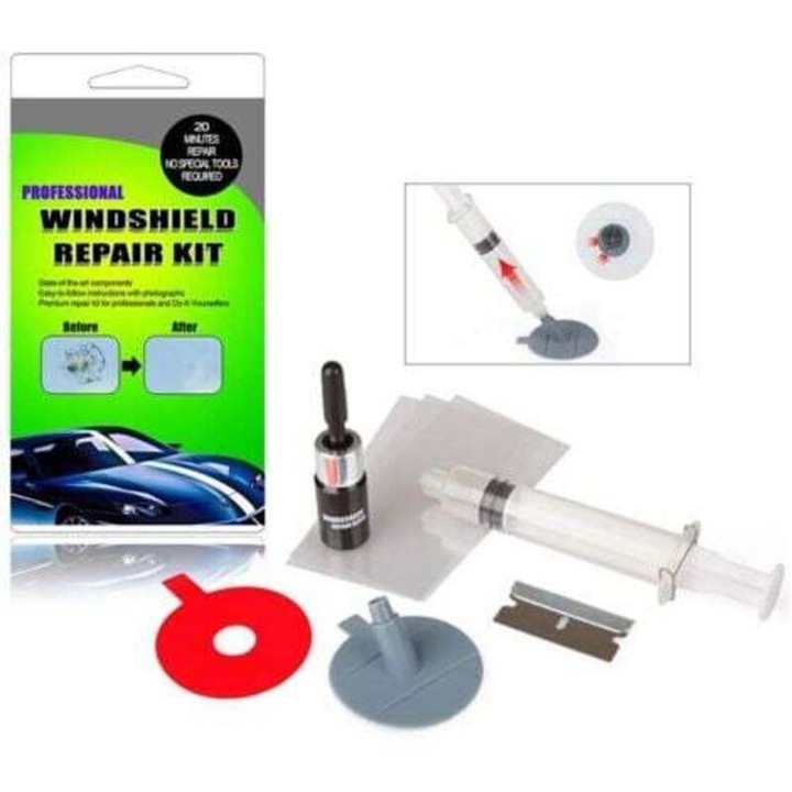 Kit de reparare parbriz auto, 2.5ml, tip ventuza, 5 filme de reparare, verde