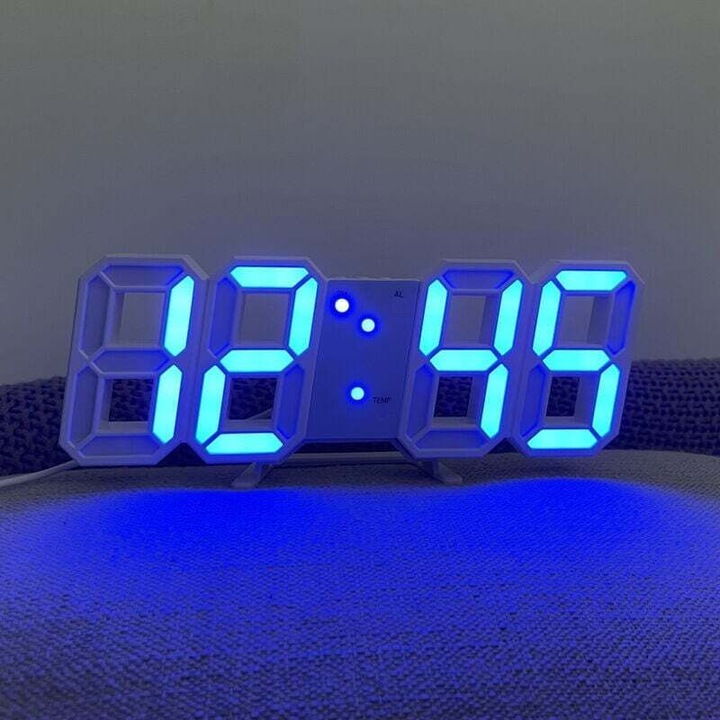 LED digitális óra, nagy kijelző, állítható fényerő, fehér-kék, 12x24cm