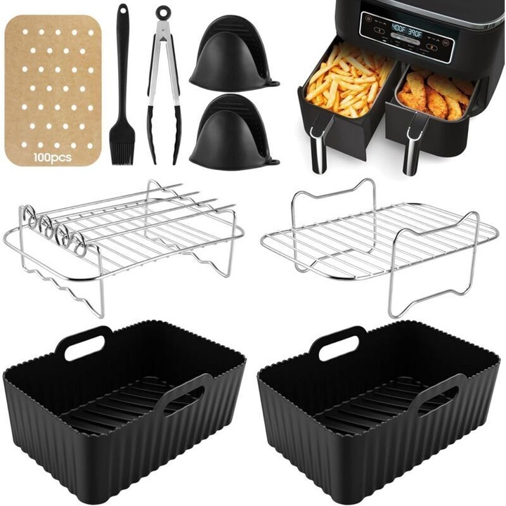 Set accesorii pentru friteuza cu aer, 2 suporturi din silicon, 1 suport pentru gatit, 1 suport pentru frigarui, 4 frigarui, 2 manusi din silicon, 1 cleste, 1 pensula, 100 prosoape absorbante, 21.5x14.5x7cm