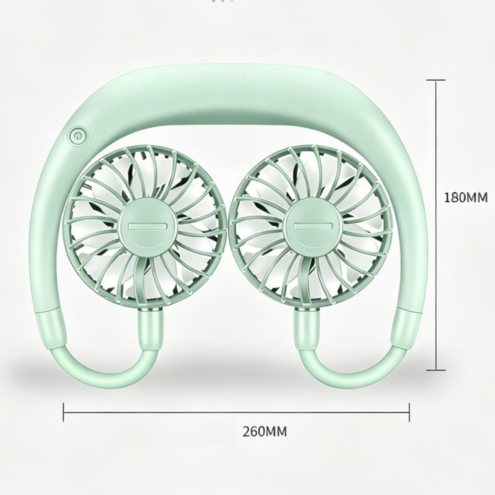 Ventilator portabil de gat, trei viteze ale vantului, reglare libera 360°, autonomie lunga, silentios si reducere zgomot, ABS, verde