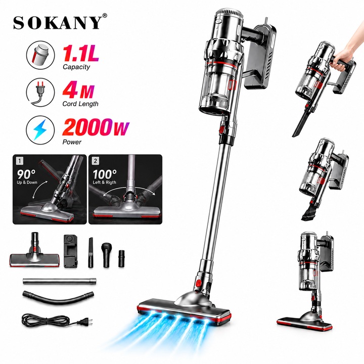 Aspirator vertical cu fir SOKANY, 2000W, 60 kPa, capaitate 1.1L, filtrare in cinci etape, aspirator vertical sau de mana, Tub extensibil, filtru HEPA, lungime cablu 4m, SK-3378, argint