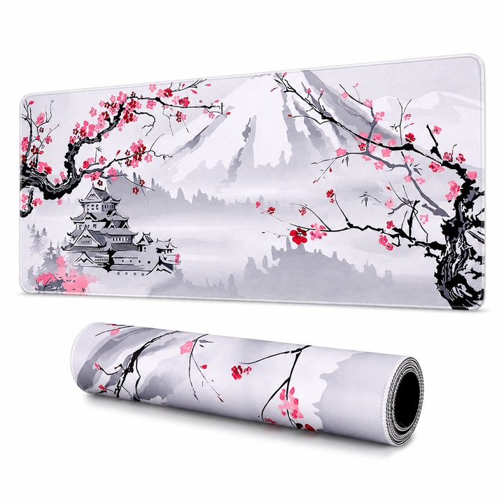 Mouse pad XL XPQKDC® Japanese Cherry Blossom, Mousepad Gaming si Office, Dimensiuni 90x40x0.3 cm, Margini Cusute, Baza din Cauciuc Anti-alunecare, Suprafata Textila Fina, Design Floral Roz si Negru